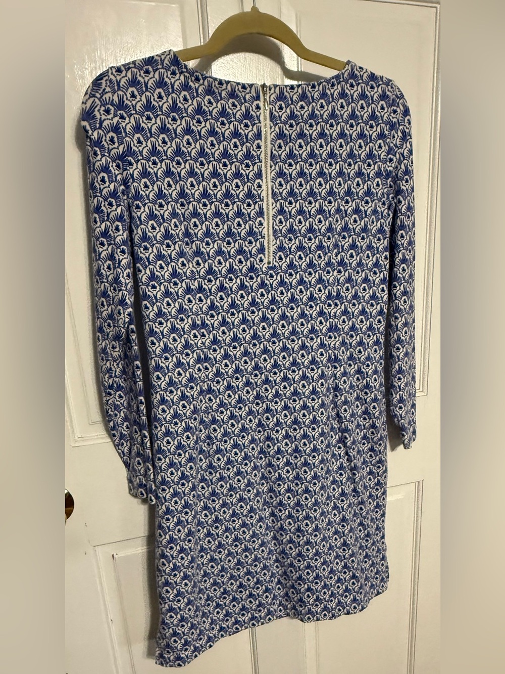 Blue & White Printed Long-Sleeve Shift Dress